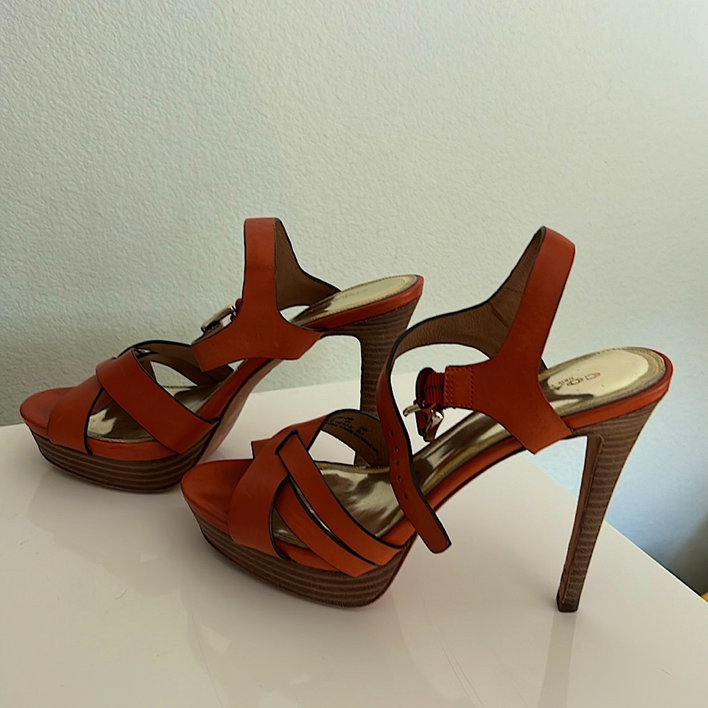 COACH Orange Leather Wood Block Platform Bohemian Summer Sandals Size 8
